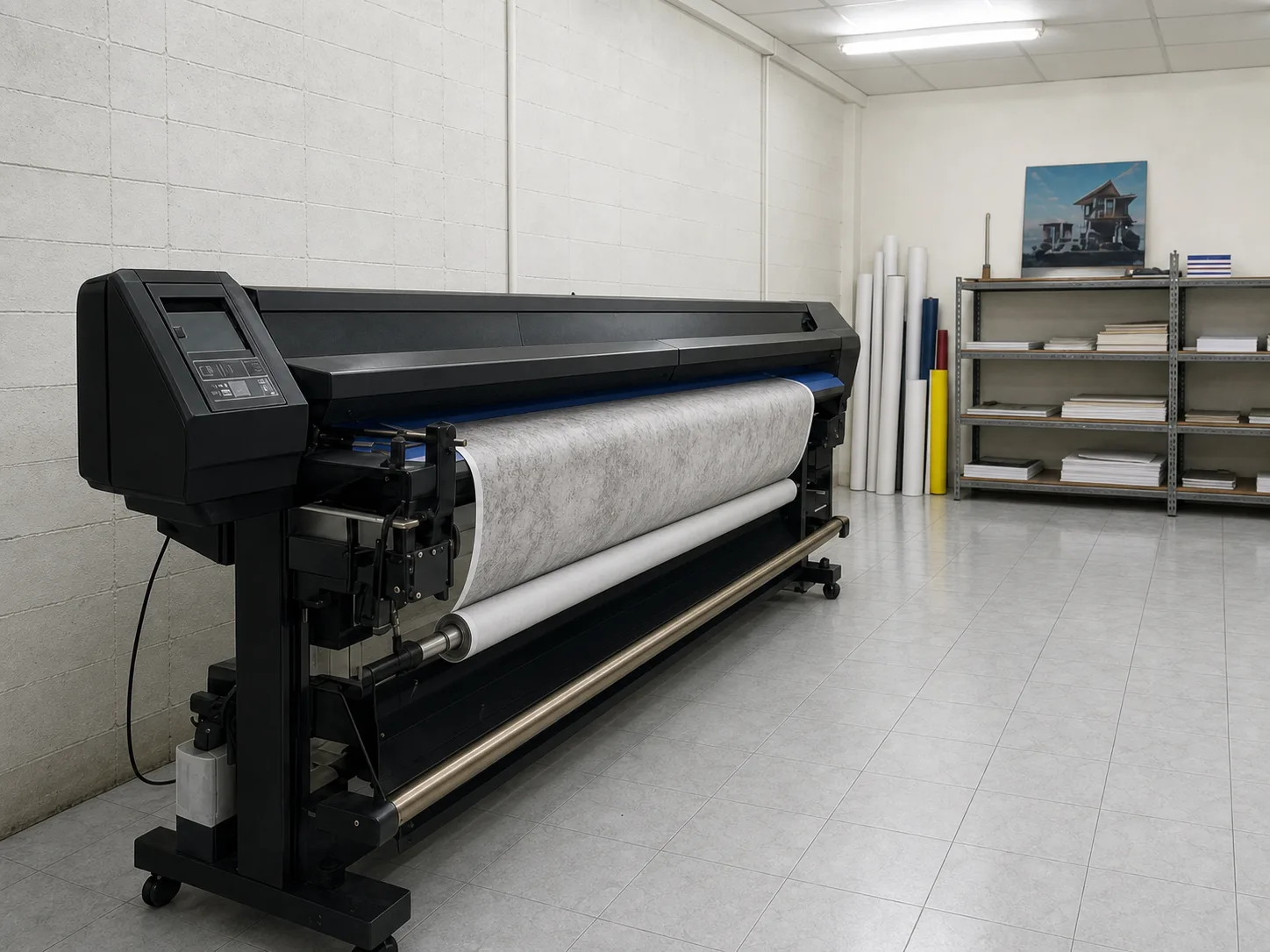The wide-format printer standing against the shop's side wall with vinyl loaded on the roll