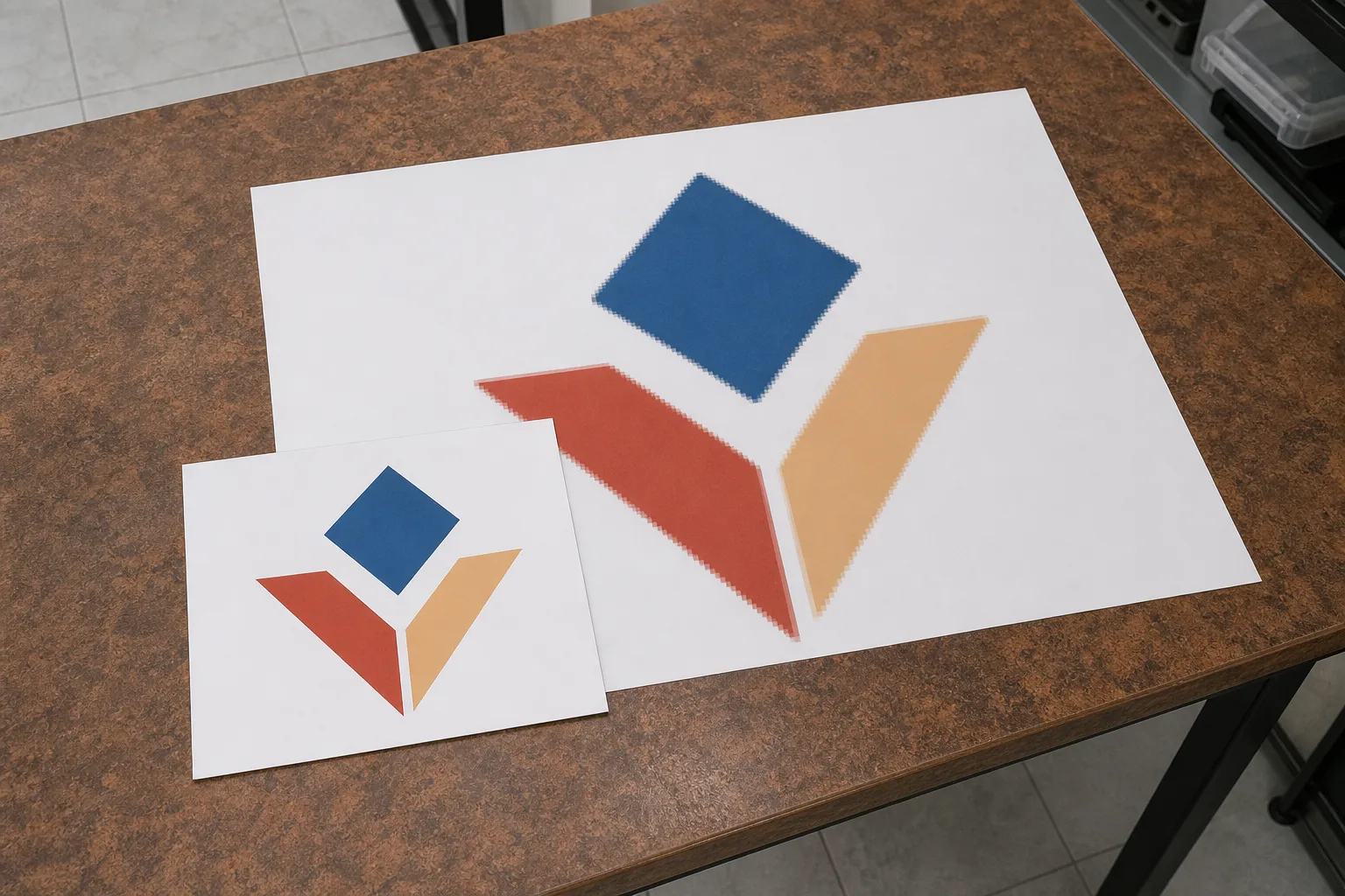 The same logo printed small and sharp beside a metre-wide print of it where the edges have gone soft and blocky