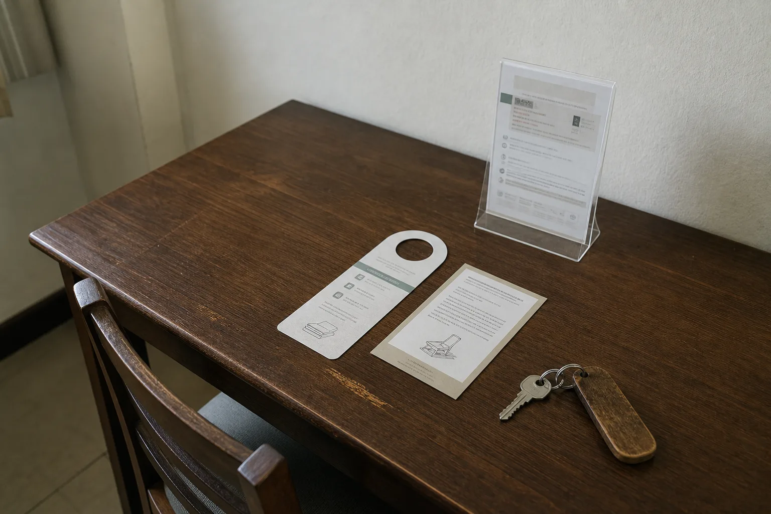 A Wi-Fi card, breakfast voucher and door hanger arranged on a hotel room desk