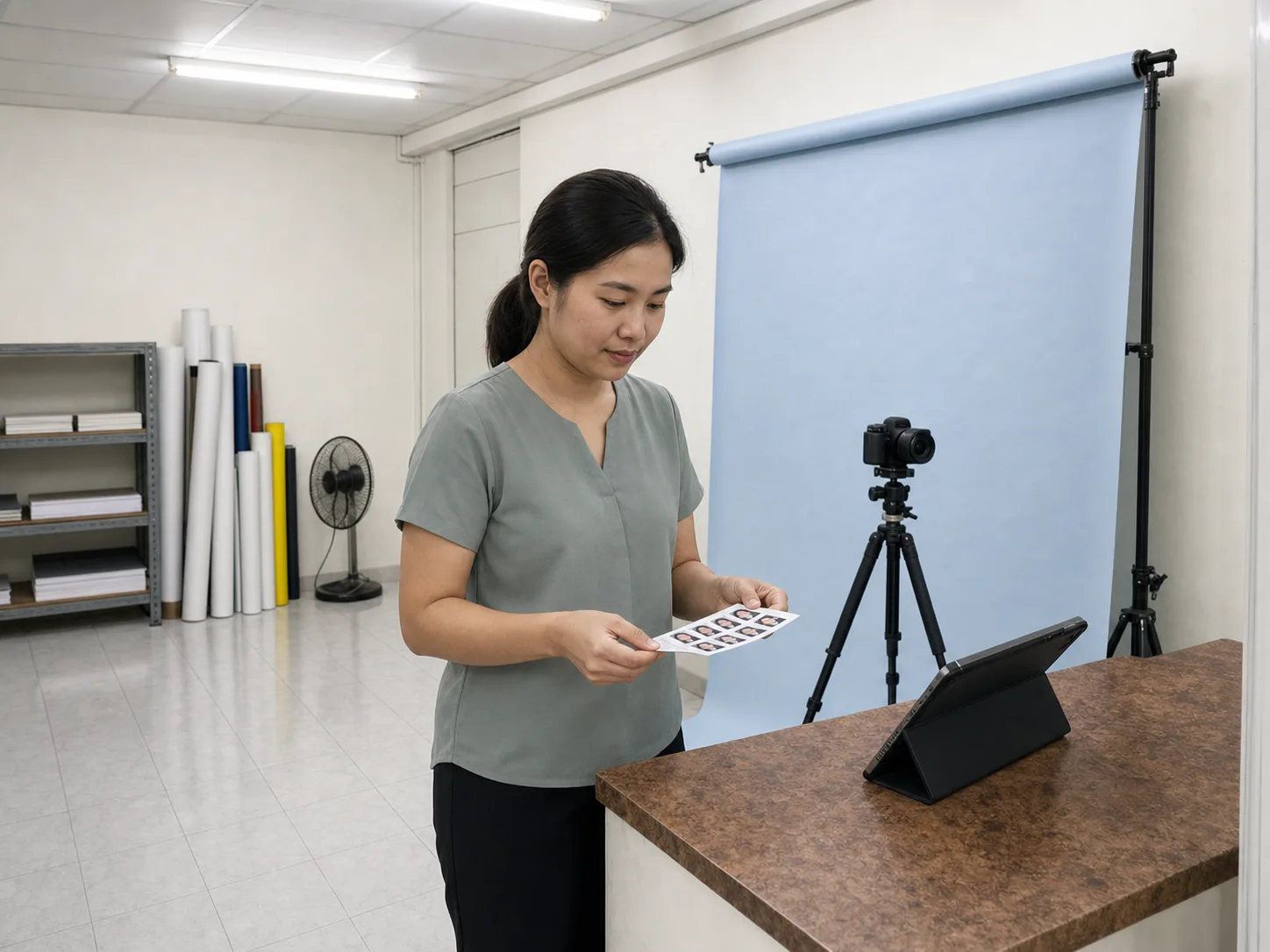 May at the small ID-photo corner of the shop, a plain backdrop on the wall and a printed sheet of passport photos on the counter