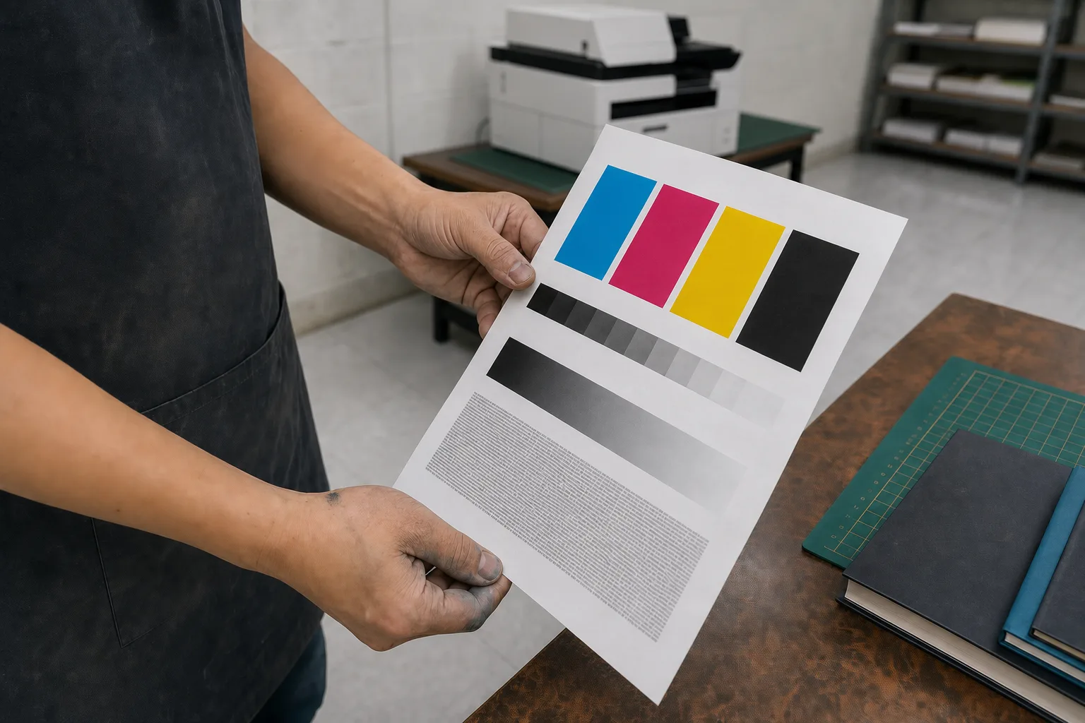 The morning CMYK test page held under a desk lamp, showing the four ink bars, a greyscale strip, a gradient and a block of very small text