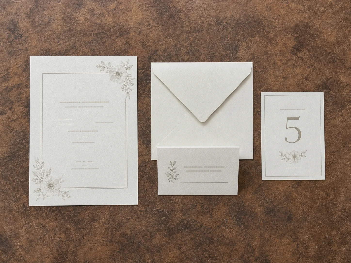 An invitation, place card and table number laid out together on textured stock